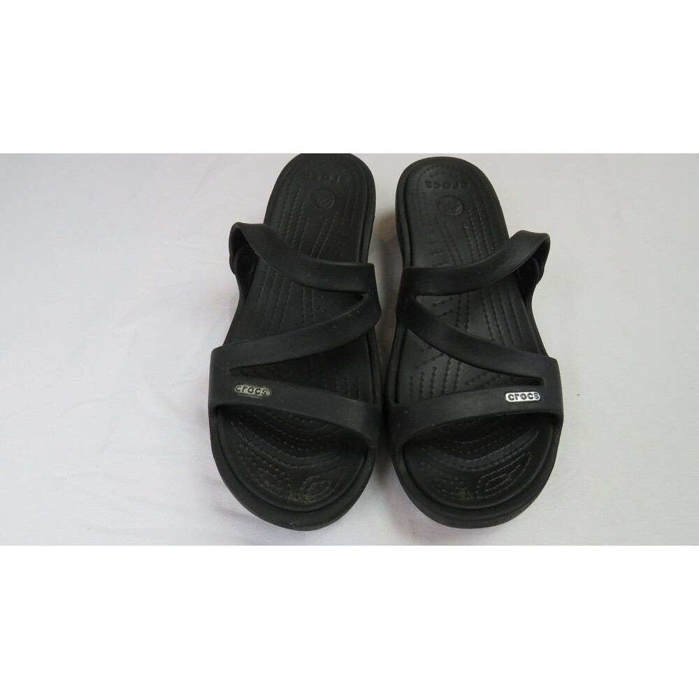 Crocs Monterey Strappy Wedge Sandals Black Slides Womens Size 9 Comfort Shoes